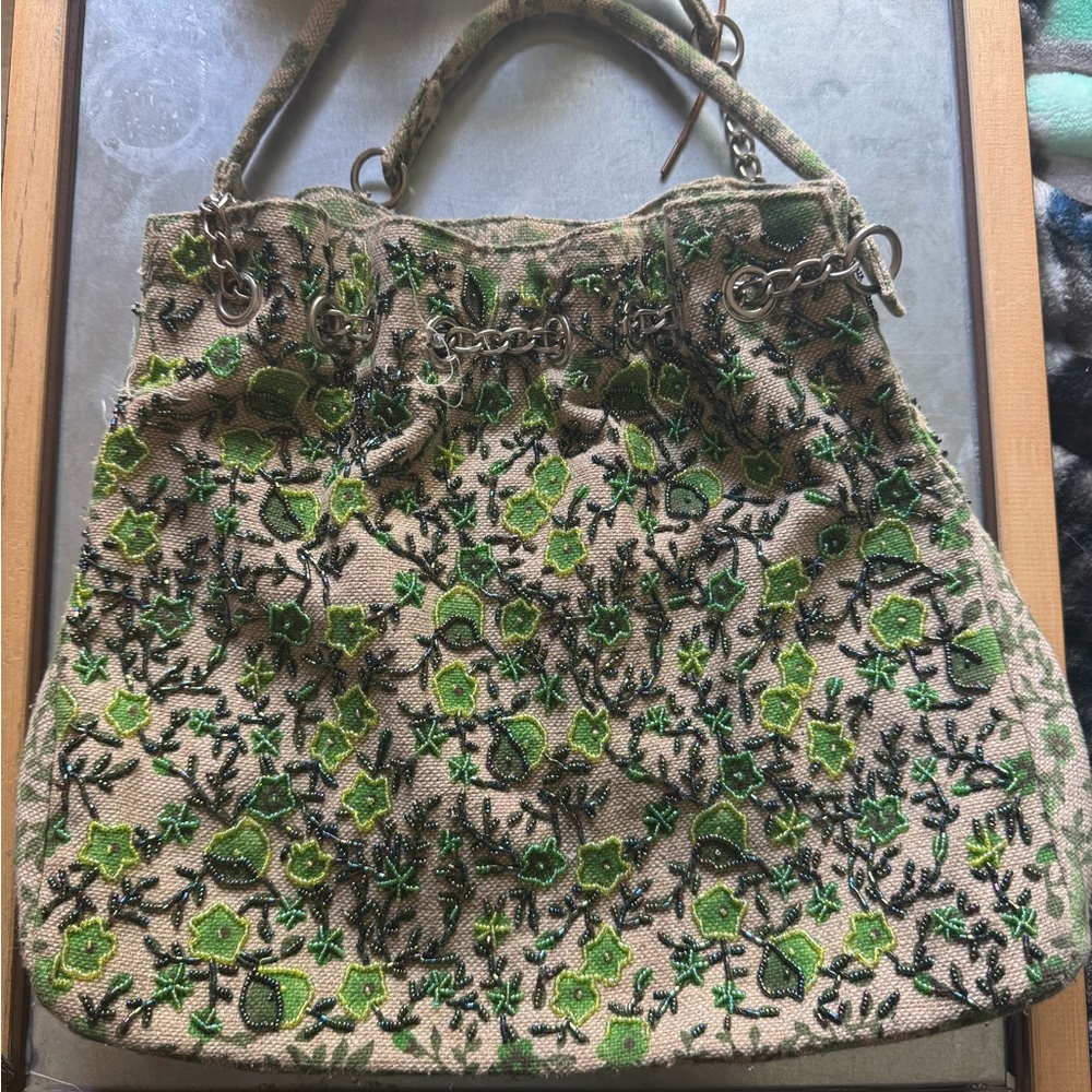Embroidered & Beaded Lilypad Moss Floral Shoulder Bag - Tan & Green - Large